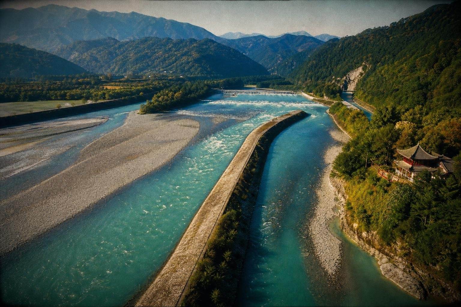 Vue aérienne de la levée en forme de bec de poisson séparant la rivière Min en deux bras à Dujiangyan