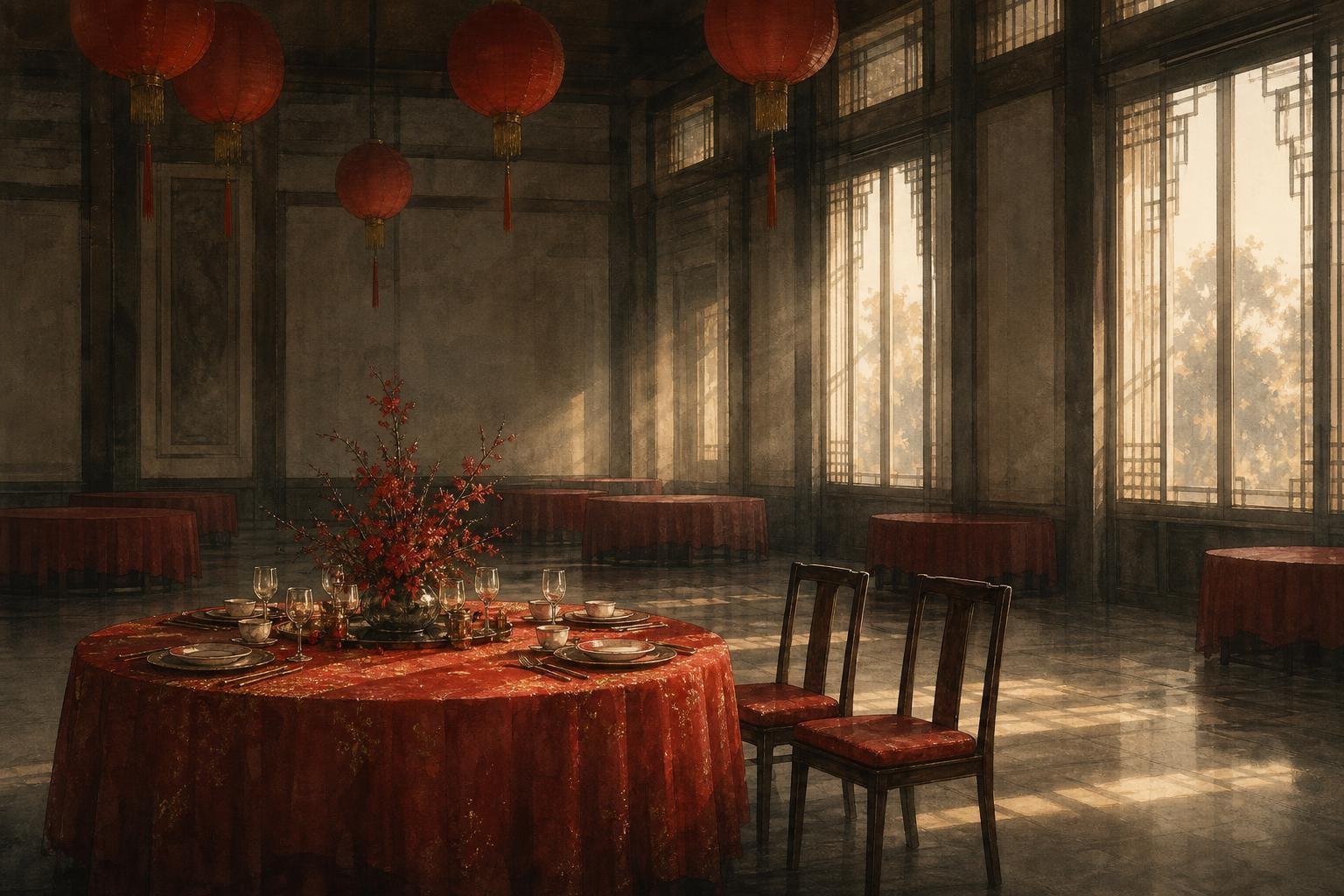 Salle de banquet vide : au premier plan une table ronde nappée de rouge, dressée avec assiettes, bols et verres, deux chaises inoccupées poussées à côté ; au fond, des tables rondes drapées de rouge mais sans couverts, dans la pénombre.