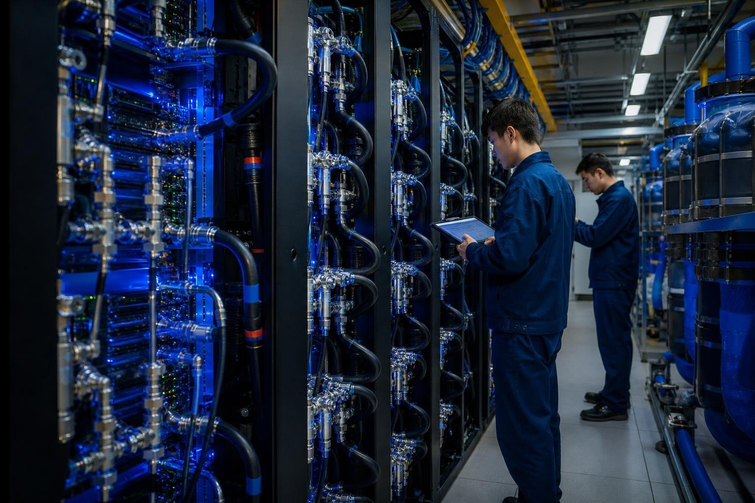 Salle de serveurs d'un centre de données chinois équipée de tuyaux de refroidissement liquide.