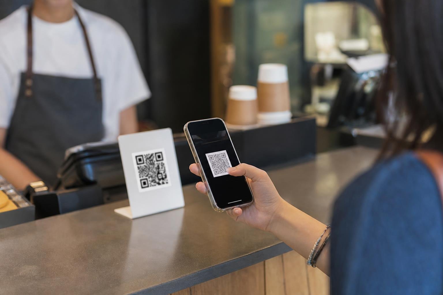 Une main tient un smartphone pour payer par QR code au comptoir d'un café