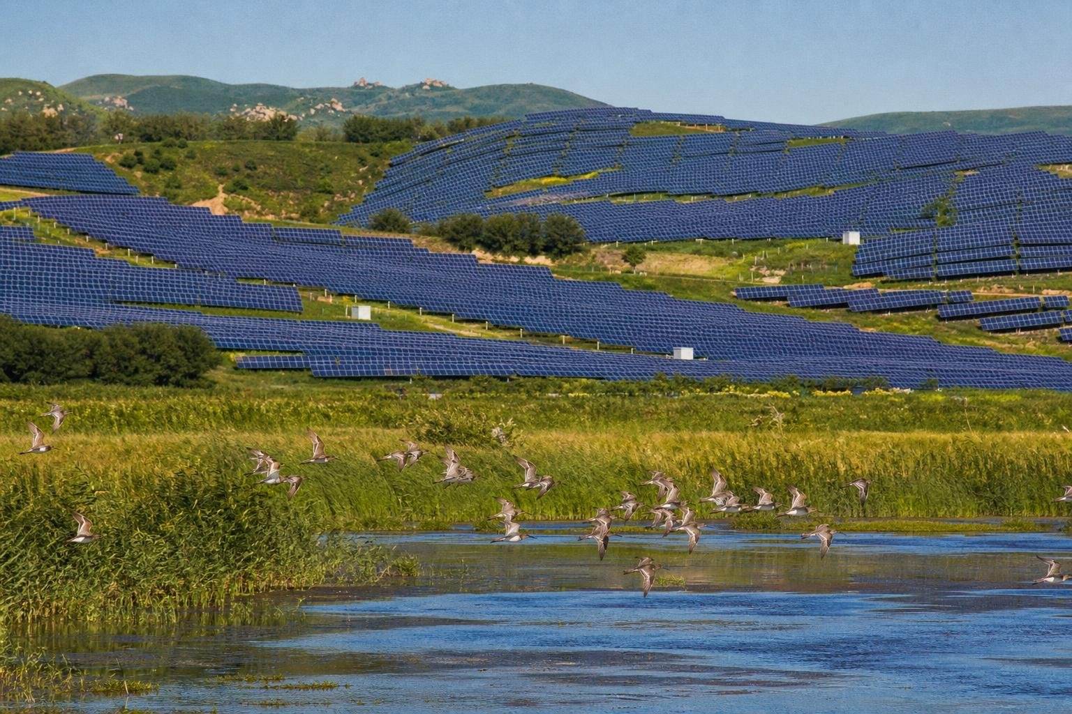 Rangées de panneaux solaires près d'une zone humide en Chine, avec des oiseaux volant au-dessus