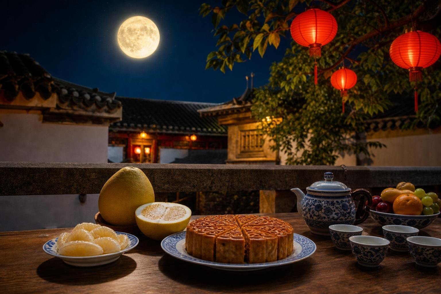 Table dressée dans une cour la nuit de la fête de la Lune : un gâteau de lune tranché en parts égales sur une assiette, un pomélo ouvert, une théière et ses tasses, des lanternes rouges dans un arbre, la pleine lune au-dessus des toits