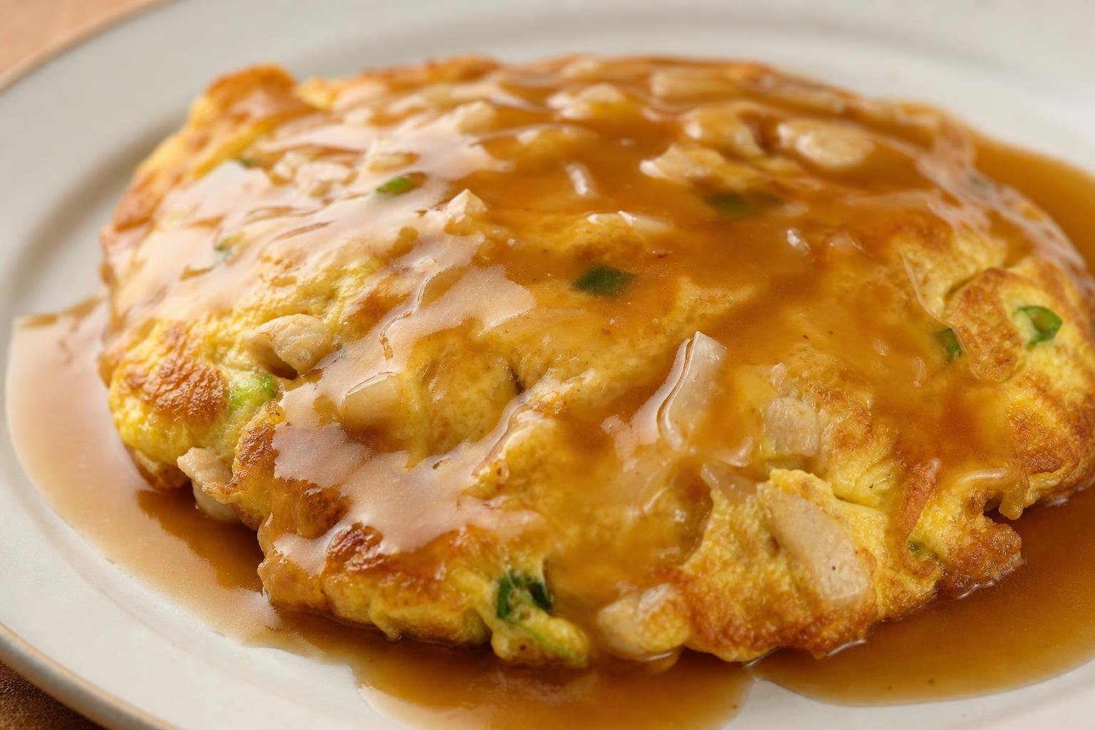 Grosse omelette dorée garnie de morceaux de poulet et de ciboule, nappée d’une sauce brune claire, sur une assiette blanche