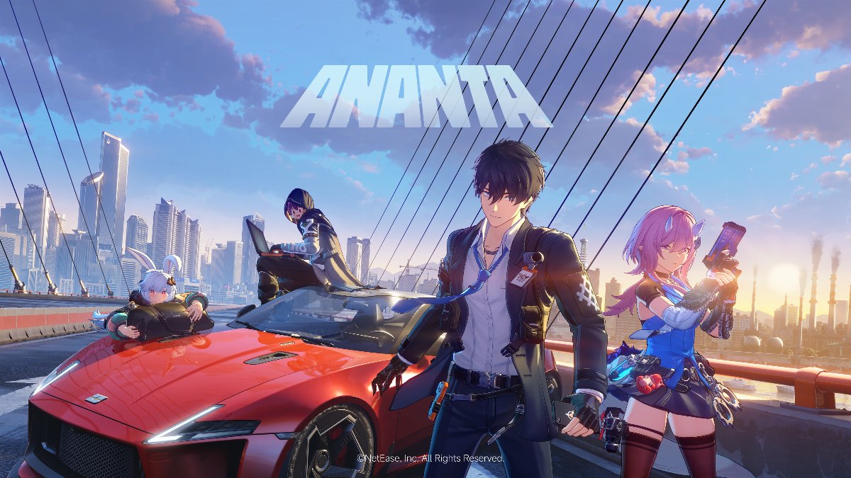 Illustration officielle du jeu Ananta : quatre personnages devant une voiture de sport rouge, sur un pont, avec la silhouette d'une ville en arrière-plan.
