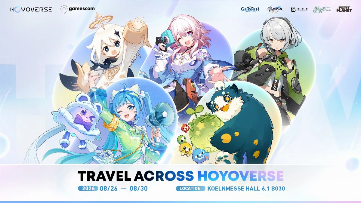 Affiche officielle de HoYoverse pour Gamescom 2026, avec les personnages de Genshin Impact, Honkai : Star Rail, Zenless Zone Zero, Honkai : Nexus Anima et Petit Planet.
