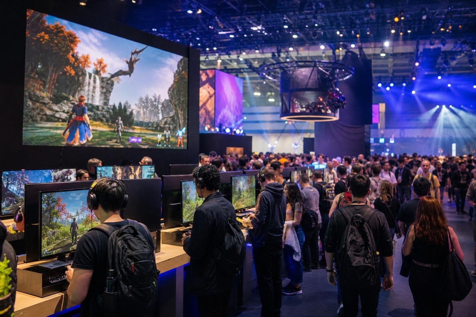 Public visitant les stands d'un salon international du jeu vidéo, avec de grands écrans de démonstration.