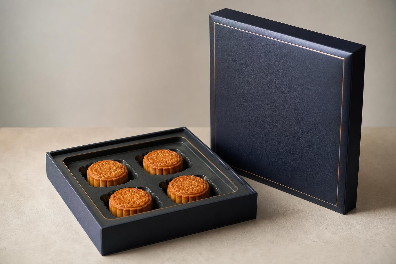 Un coffret carré bleu nuit ouvert, quatre gâteaux de lune dorés posés chacun dans un logement d'un plateau moulé, et le couvercle dressé à côté