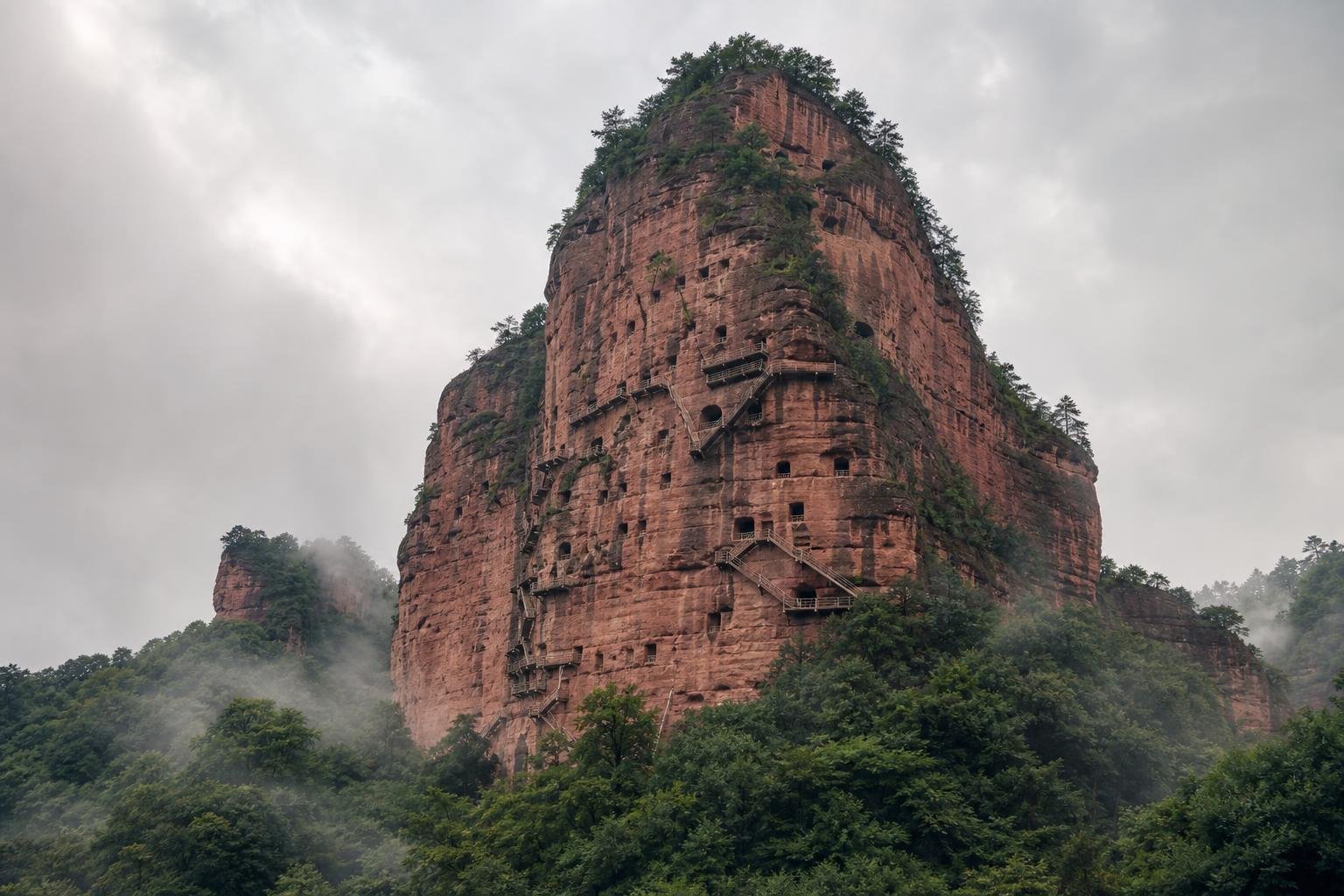Un pic isolé de grès rouge dressé au-dessus d'une forêt dense, sa paroi percée de dizaines d'ouvertures rectangulaires sombres réparties sur plusieurs niveaux superposés ; des passerelles et des escaliers étroits zigzaguent le long de la falaise, de la brume passe dans les arbres du pied et le ciel est couvert.