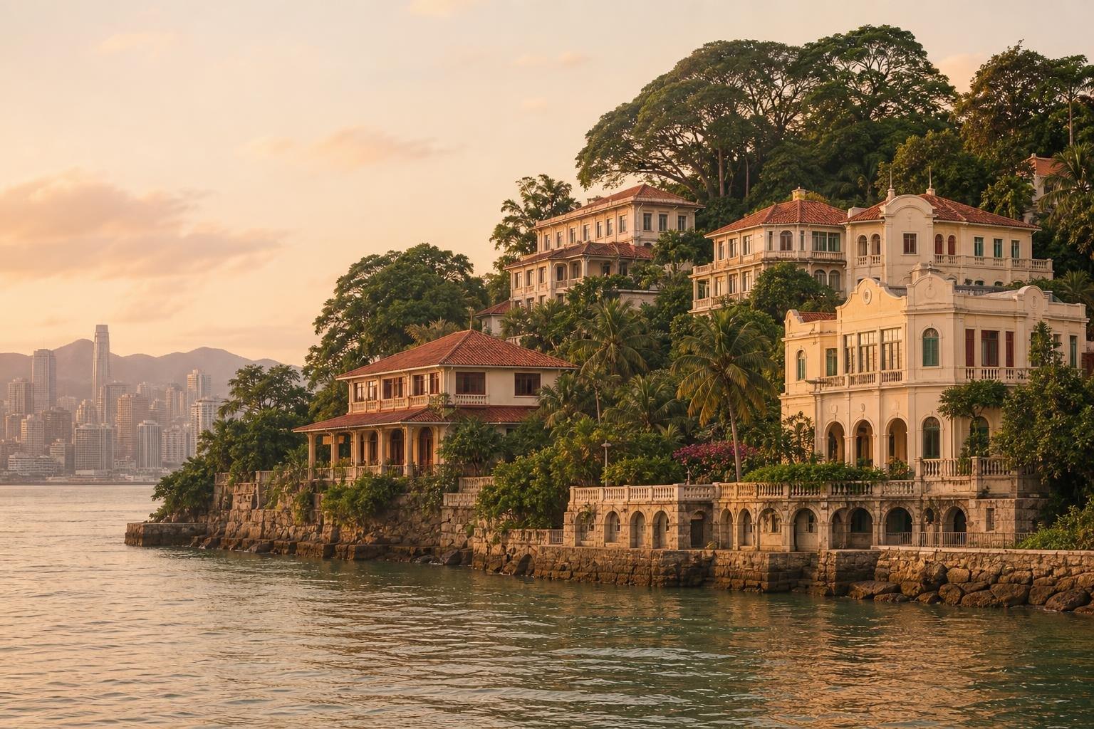 Villas à façades crème et toits de tuiles rouges étagées dans la verdure d'une île, vues depuis l'eau en fin de journée : vérandas à colonnes, arcades, balustrades et pignon à volutes ; au premier plan un quai de granit, au loin de l'autre côté du détroit les tours d'une ville et des collines.