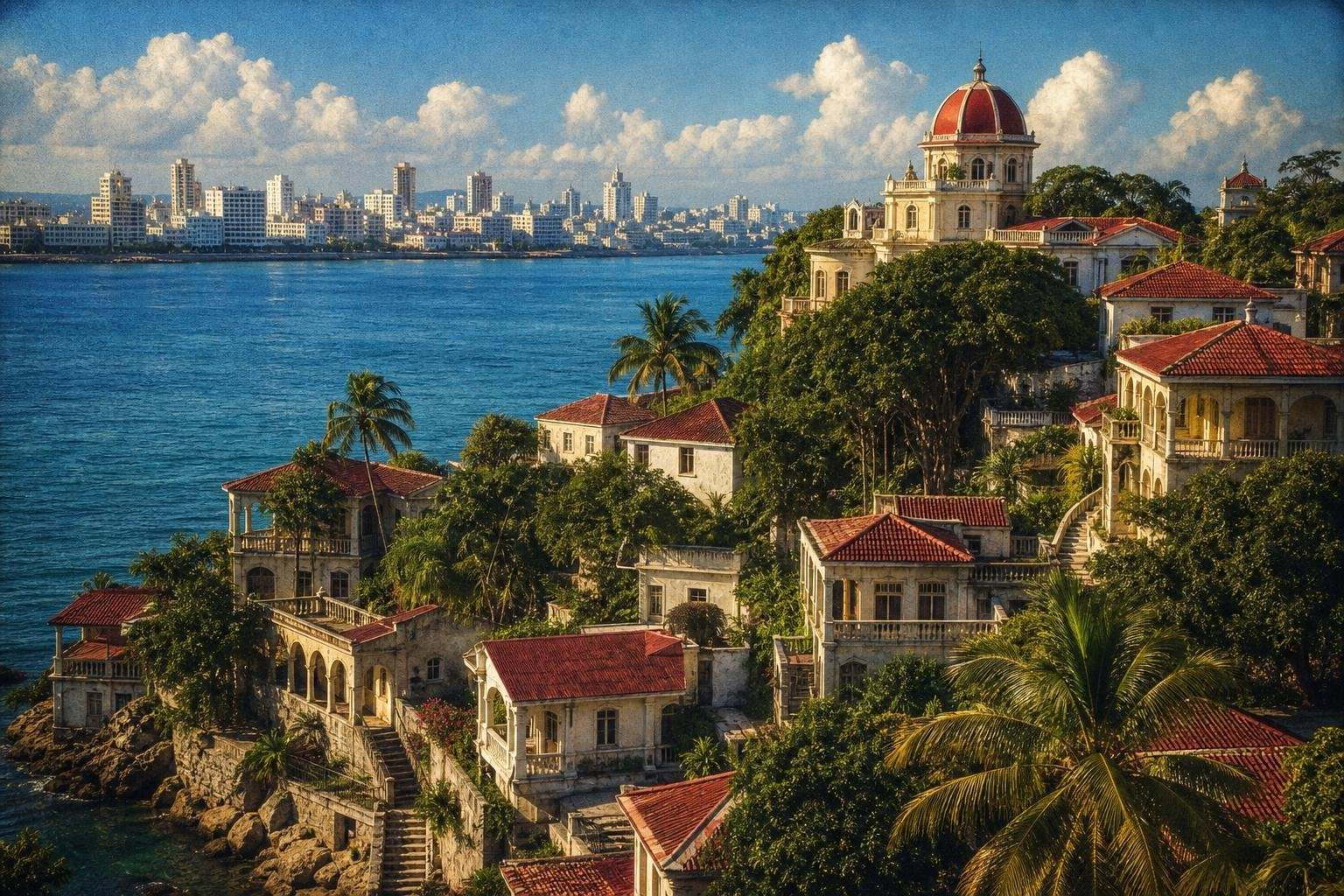 Villas à vérandas et toits de tuiles rouges sur les hauteurs de Gulangyu, face à Xiamen