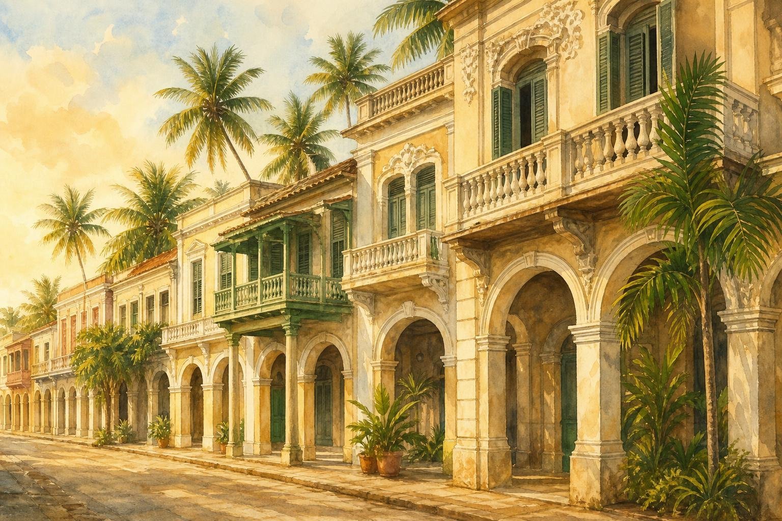 Rue tropicale bordée de maisons anciennes à arcades et à galerie couverte, palmiers en arrière-plan