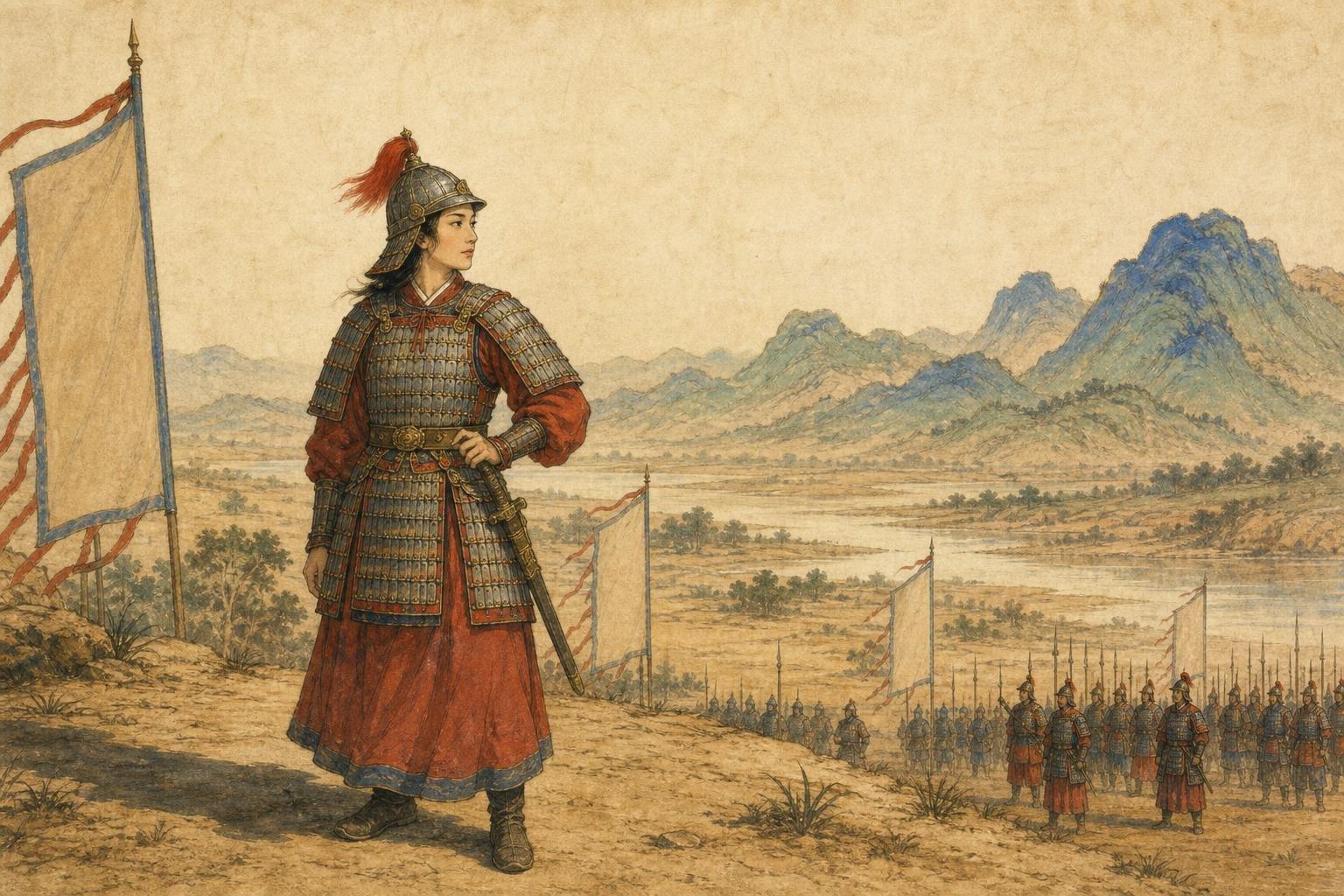 Peinture : une jeune femme en armure lamellaire et casque à pompon rouge, la main sur la garde de son épée, debout sur une hauteur au-dessus de rangs de soldats et d'une grande bannière blanche.