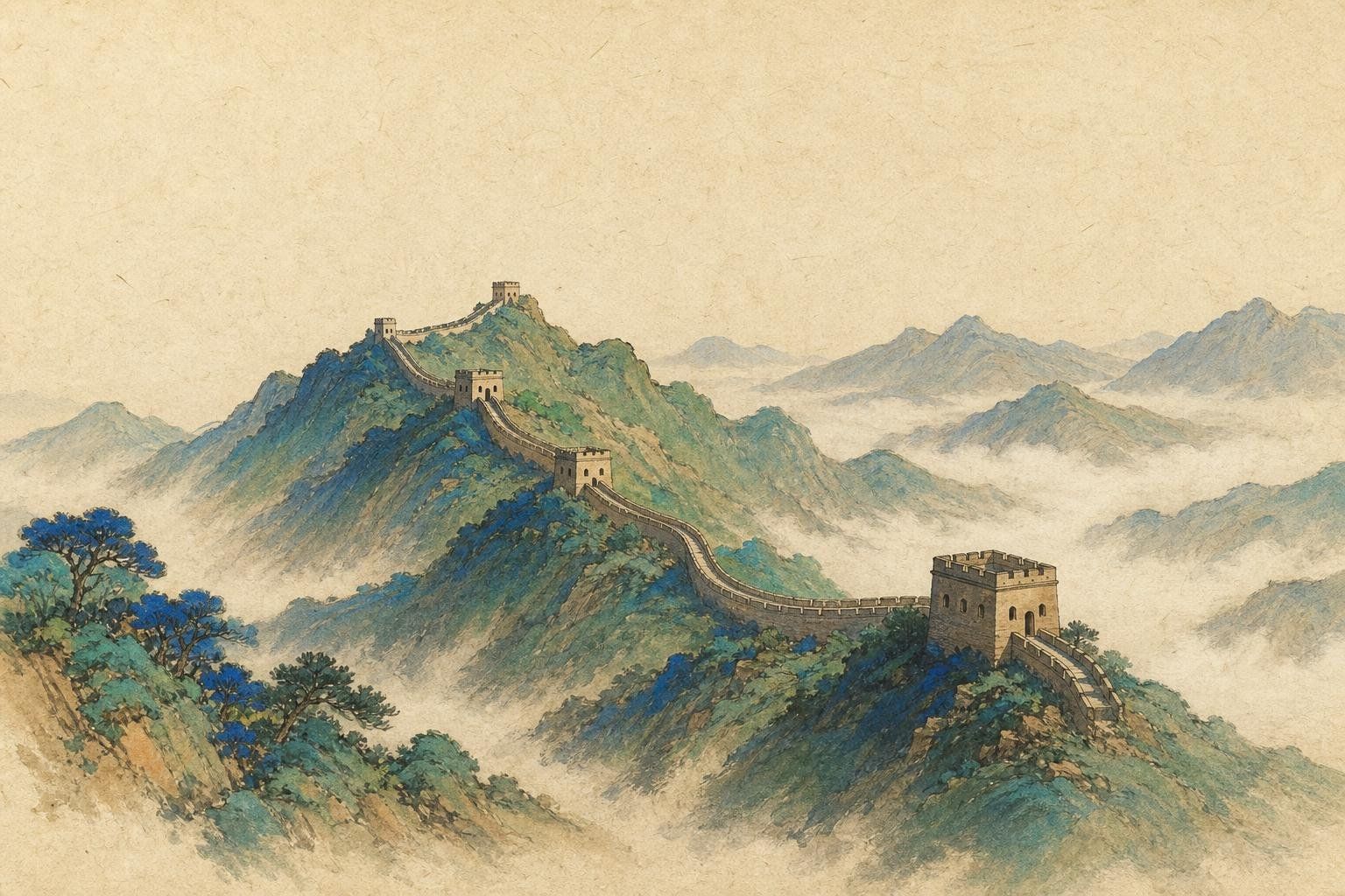 Peinture : la Grande Muraille et ses tours de guet serpentant sur des crêtes boisées bleu et vert, au-dessus de vallées noyées de brume, jusqu'aux montagnes pâles de l'horizon.