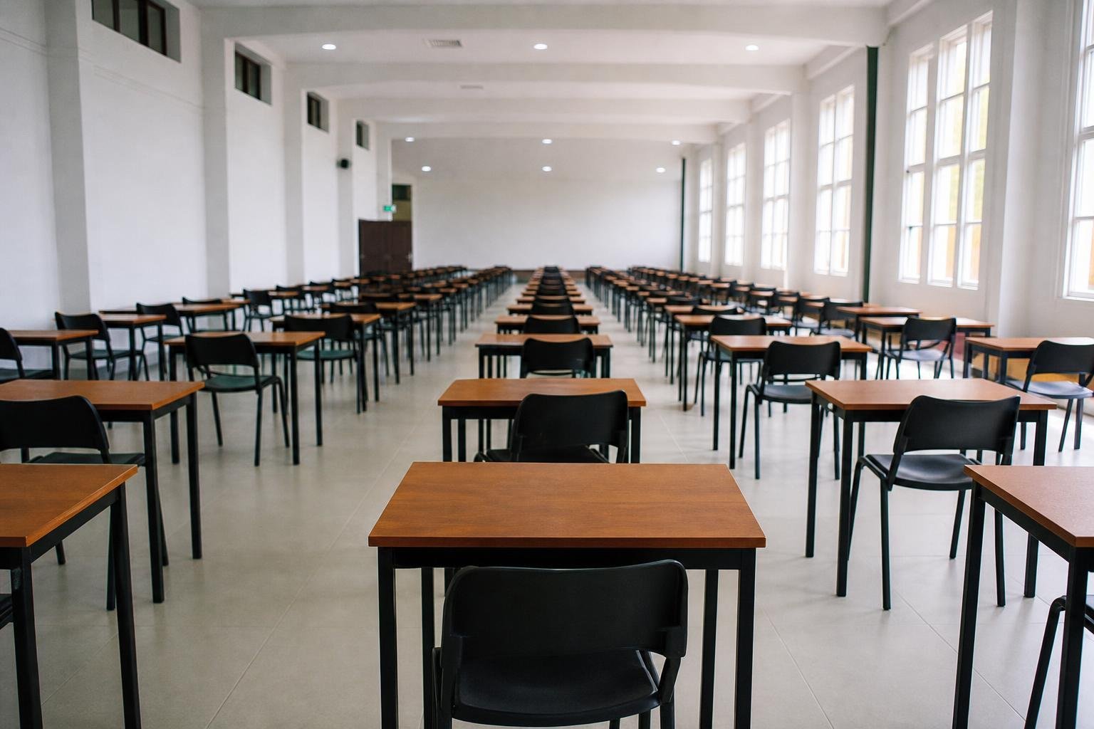 Salle d'examen vide, longues rangées de tables individuelles en bois à pieds noirs, une chaise noire par table, hautes fenêtres sur la droite