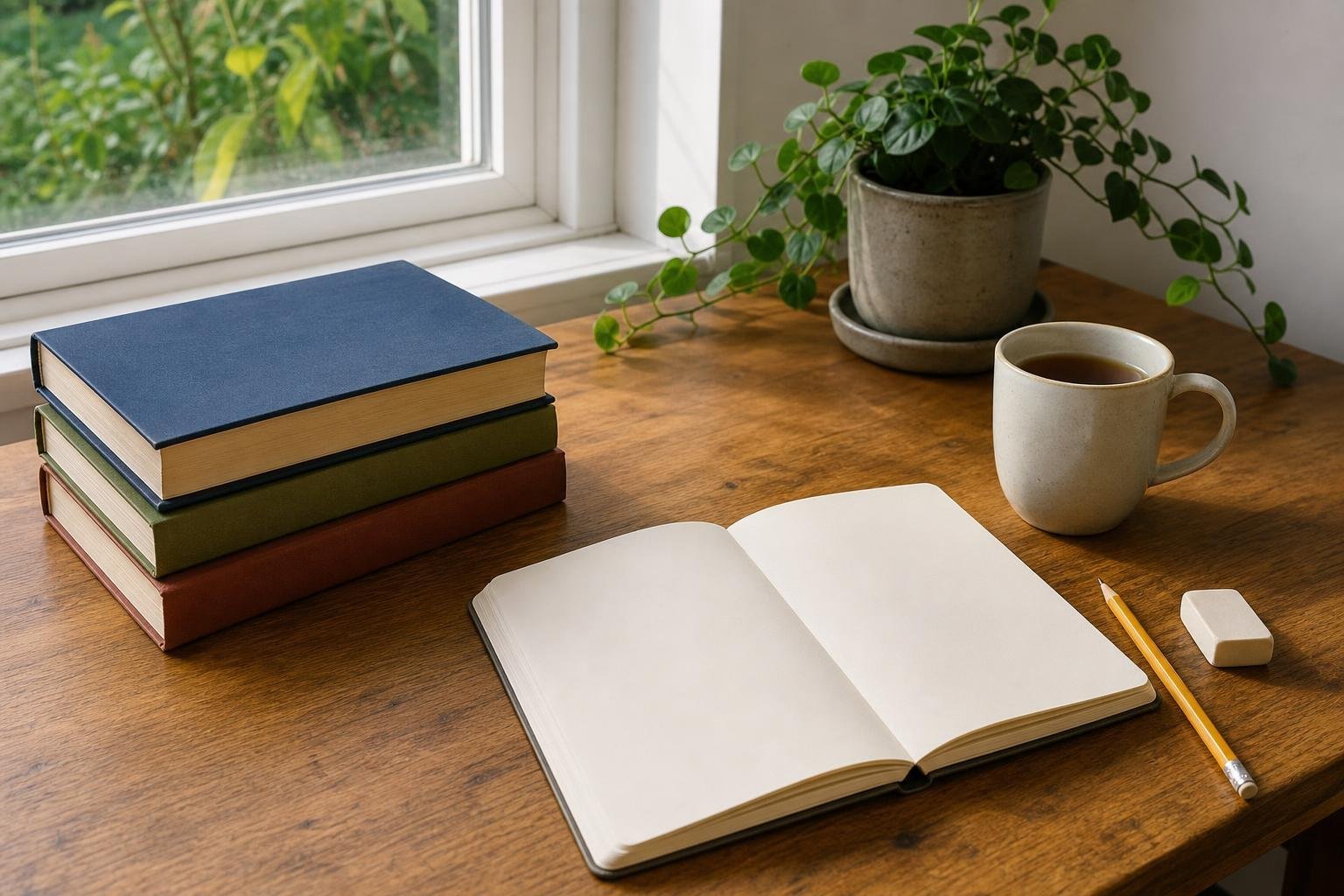 Bureau en bois près d'une fenêtre : pile de trois livres reliés sans titre, cahier ouvert aux pages blanches, crayon, gomme, tasse de thé et plante verte