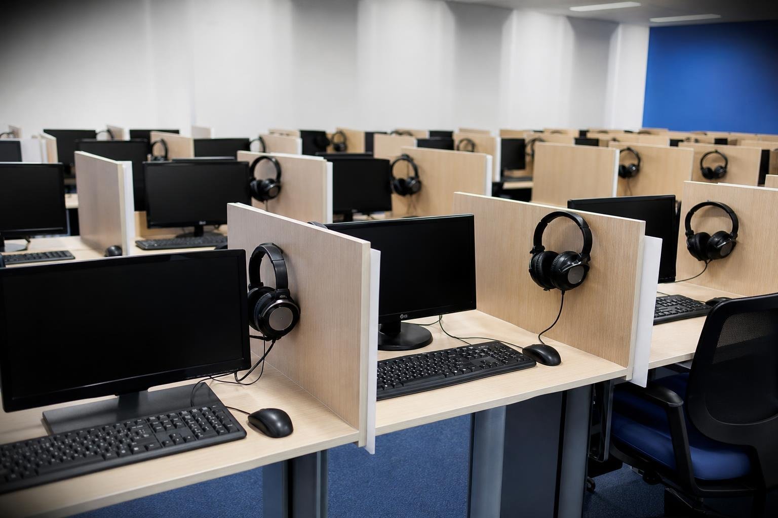 Salle informatique alignant des postes cloisonnés, chacun avec un écran, un clavier et un casque audio