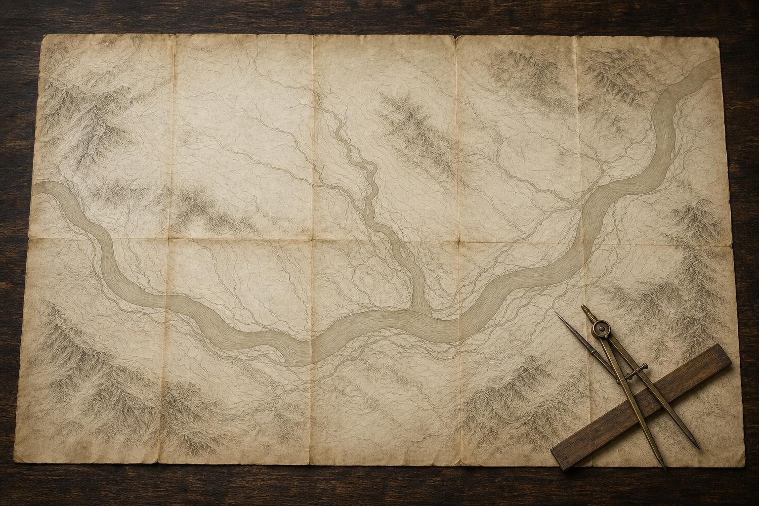 Vue de dessus d'une vieille carte de papier dépliée sur un plateau de bois sombre : le papier jauni est marqué de ses plis, un large fleuve sinueux la traverse d'un bord à l'autre en recevant des affluents, et les reliefs sont rendus à la plume par des hachures ; aucun nom de lieu n'y figure. Un compas de laiton et une petite règle de bois reposent dans l'angle inférieur droit.