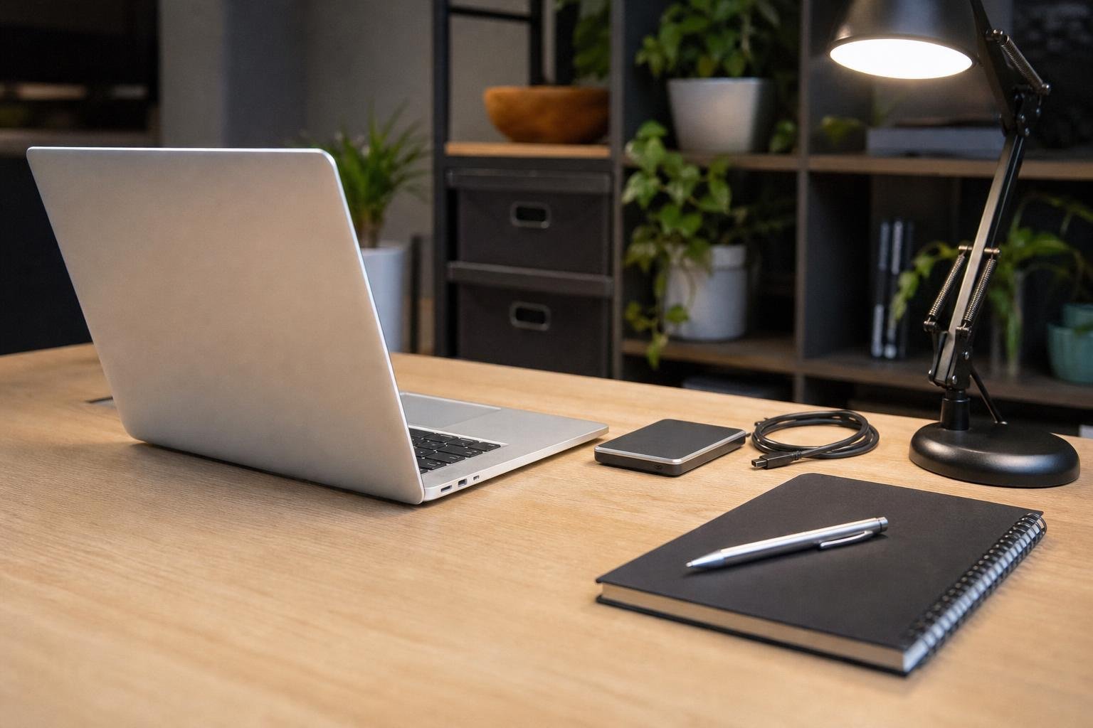 Un ordinateur portable argenté ouvert sur un bureau en bois clair, écran tourné vers le mur, à côté d'un petit disque dur externe, d'un câble enroulé et d'un carnet noir sur lequel repose un stylo.