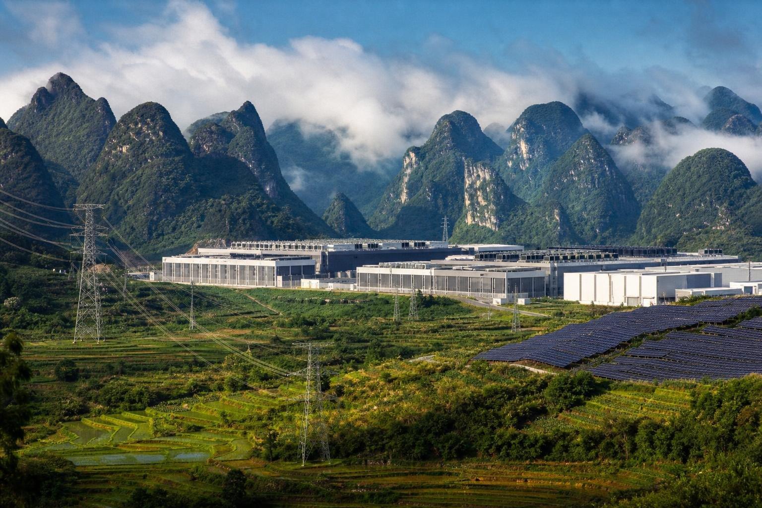 Un centre de données au pied de collines karstiques verdoyantes, dans le sud-ouest de la Chine