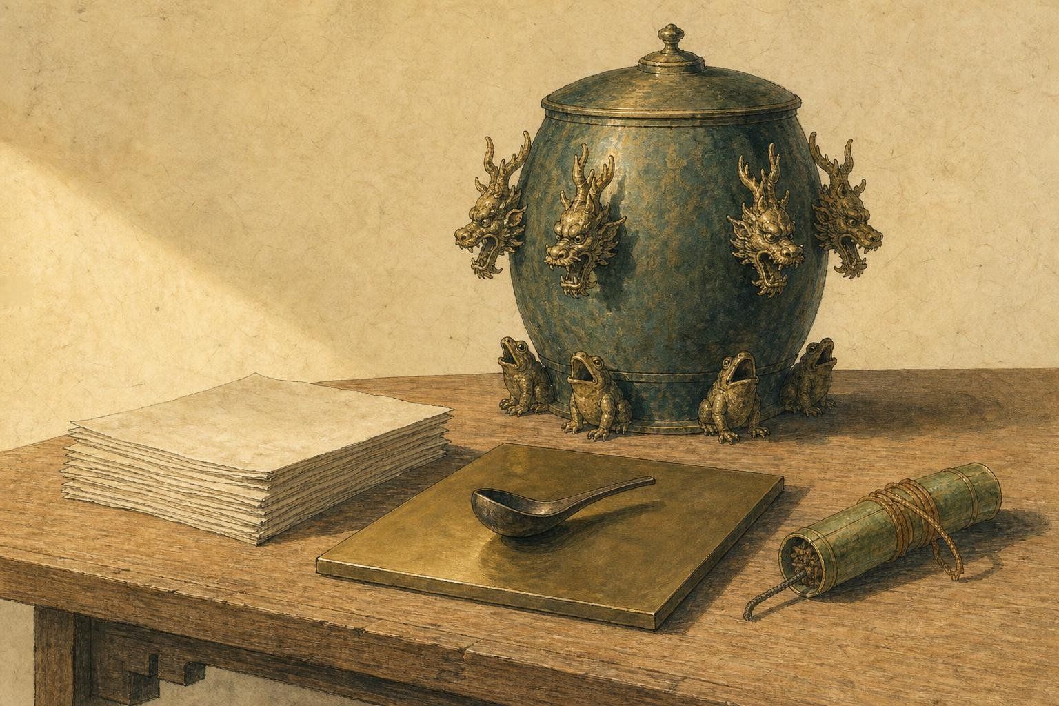 Peinture : sur une table de bois, des feuilles de papier vierges, une cuiller de pierre d'aimant posée sur une plaque de bronze lisse, un tube de bambou à mèche, et un vase de bronze à têtes de dragon posé sur des crapauds.