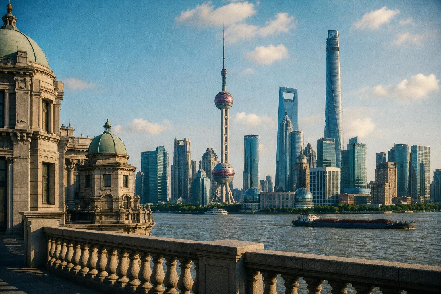 Rive du Huangpu à Shanghai par ciel bleu : au premier plan une balustrade de pierre et des bâtiments anciens coiffés de coupoles de cuivre vert, en face un alignement de gratte-ciel modernes dont une tour à deux sphères roses et une tour torsadée ; une barge chargée descend le fleuve.