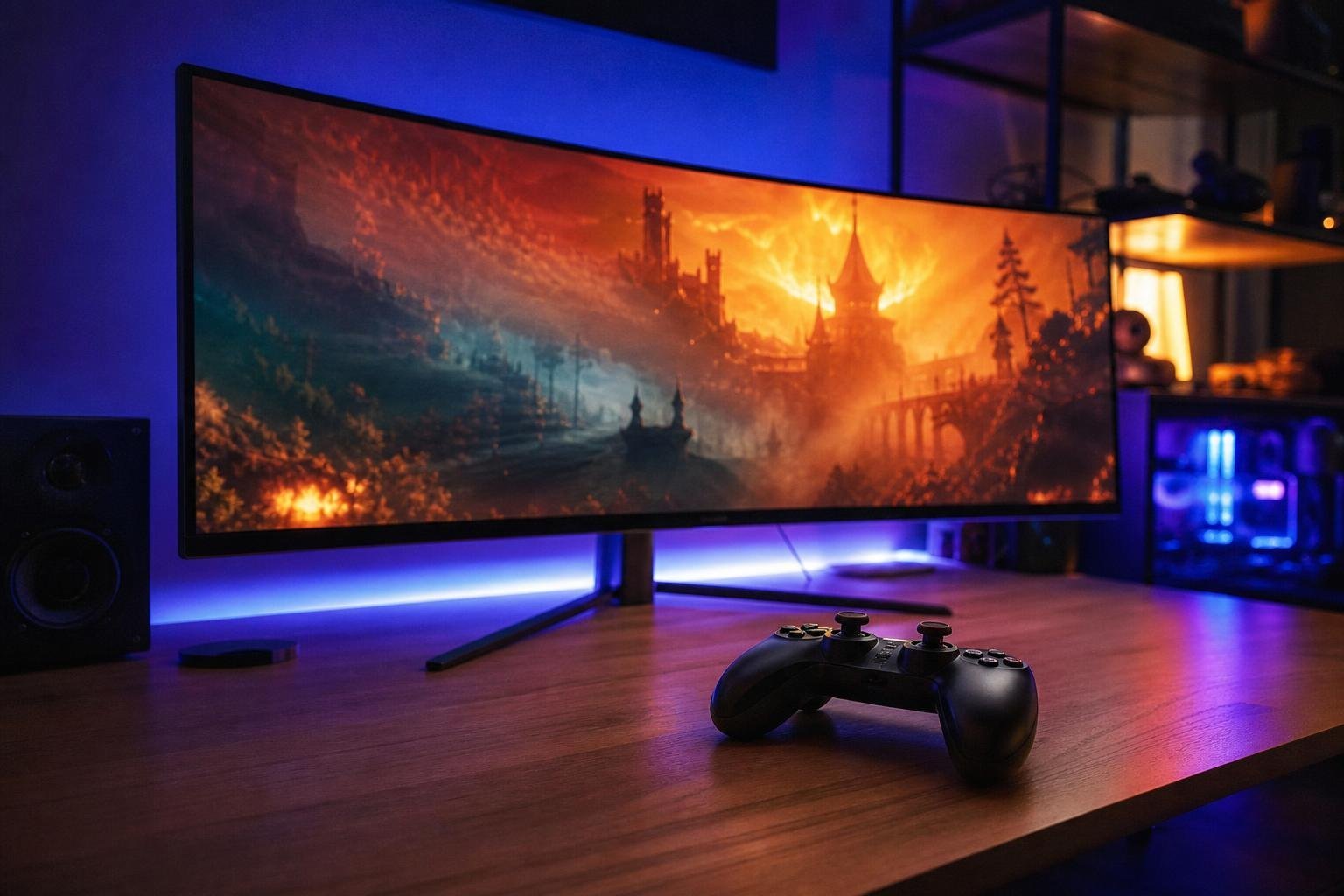 Écran d'ordinateur affichant un jeu vidéo dans une pièce sombre, avec une manette posée au premier plan