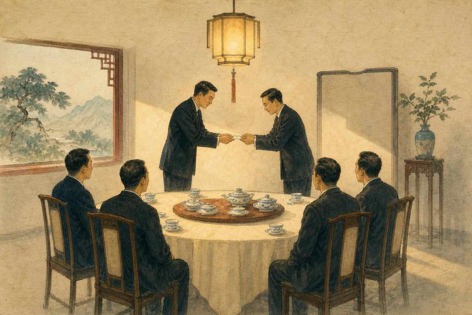 Peinture : dans une salle à manger, deux hommes en costume sombre debout de part et d'autre d'une table ronde se passent une carte à deux mains en s'inclinant, tandis que quatre convives restent assis.