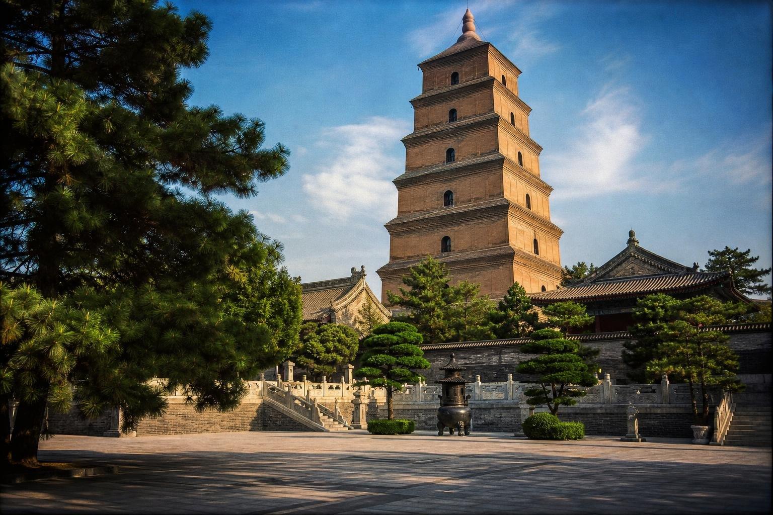 La Grande Pagode de l'oie sauvage dominant la cour de son temple, à Xi'an.
