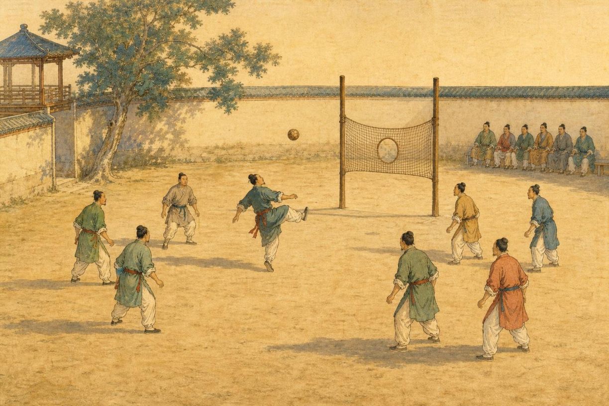 Peinture : sur une cour de terre battue, huit joueurs en robes courtes de couleur et pantalon blanc ; l'un d'eux frappe du pied un petit ballon en l'air devant un filet tendu entre deux hauts poteaux de bois et percé d'une ouverture ronde. À droite, des spectateurs assis le long d'un mur bas ; à gauche, un arbre et un pavillon.