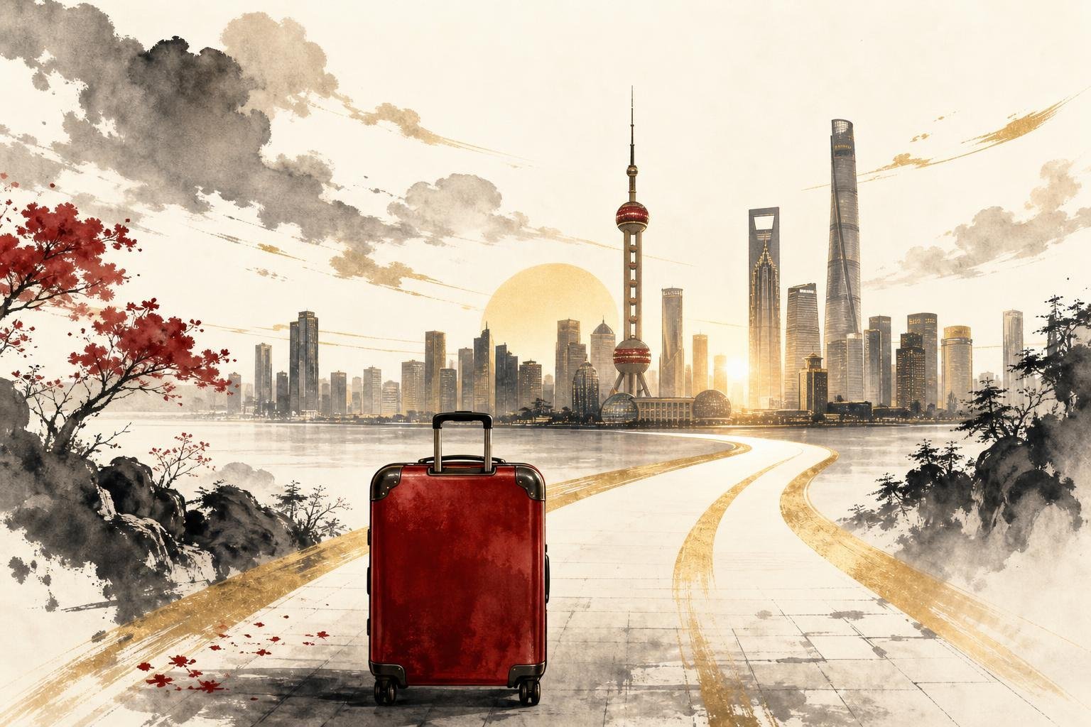 Une valise posée face à une skyline chinoise moderne au lever du soleil, palette encre, rouge et or