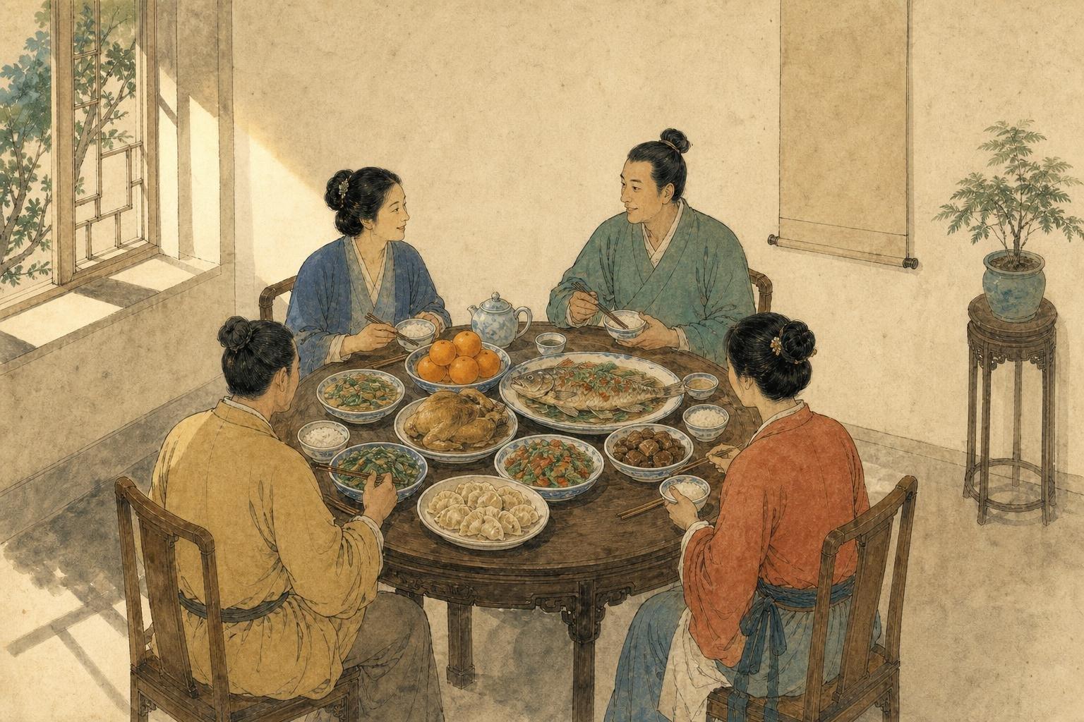 Peinture : quatre convives en robes traditionnelles autour d'une table ronde chargée de plats — poisson entier, volaille rôtie, raviolis, bols de riz, coupe d'oranges et théière bleu et blanc.