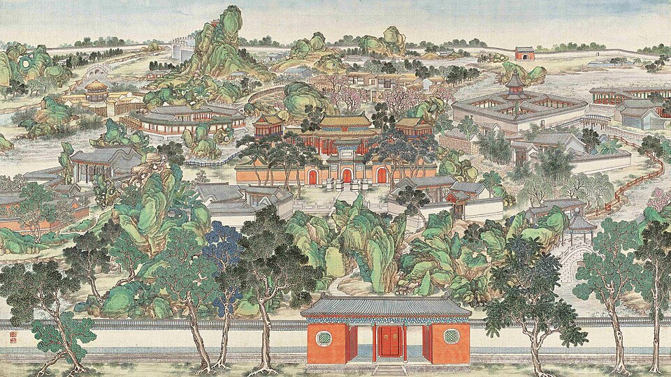 Peinture chinoise sur rouleau représentant le Jardin aux Vastes Vues du Rêve dans le pavillon rouge, ses pavillons, ses rochers et ses plans d'eau