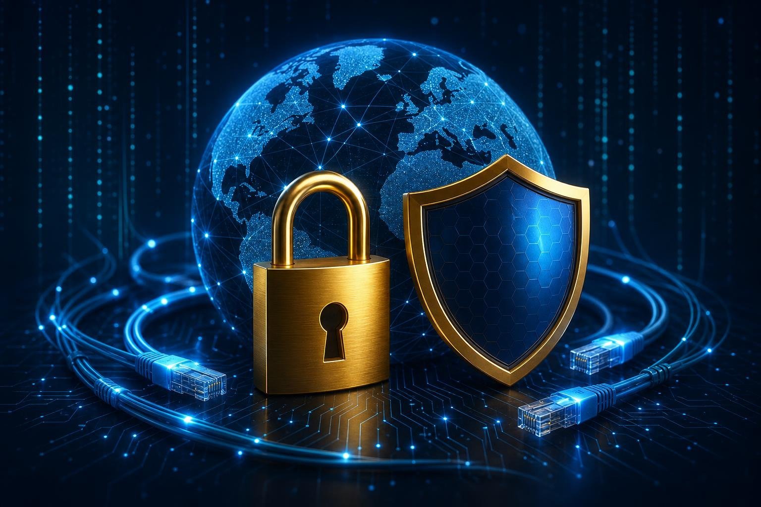 Cadenas, bouclier et globe stylisés évoquant la sécurité et le contournement de la censure