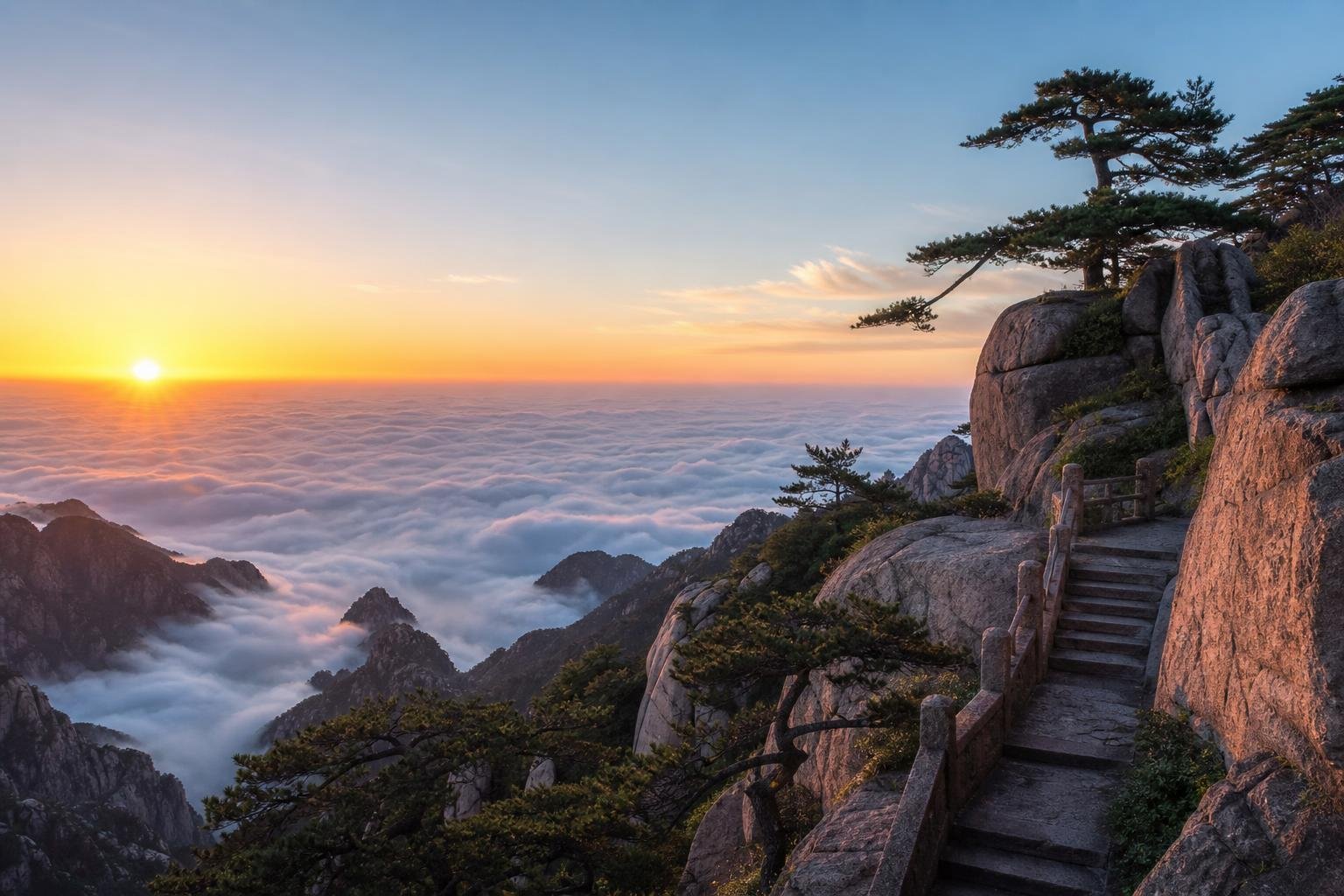 Sommet du mont Tai au-dessus d'une mer de nuages au lever du soleil