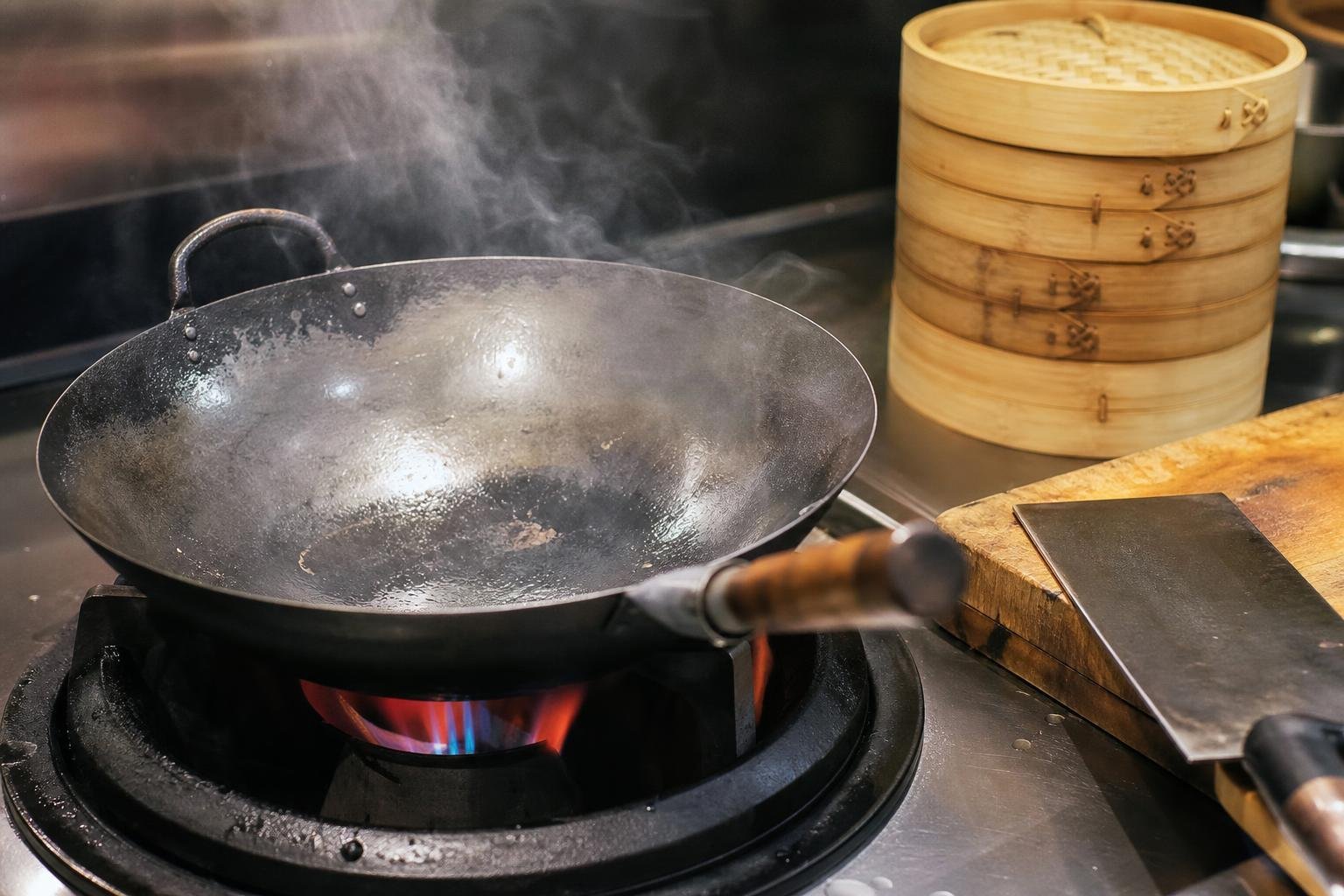 Wok sur le feu, panier vapeur en bambou et couperet posés dans une cuisine.