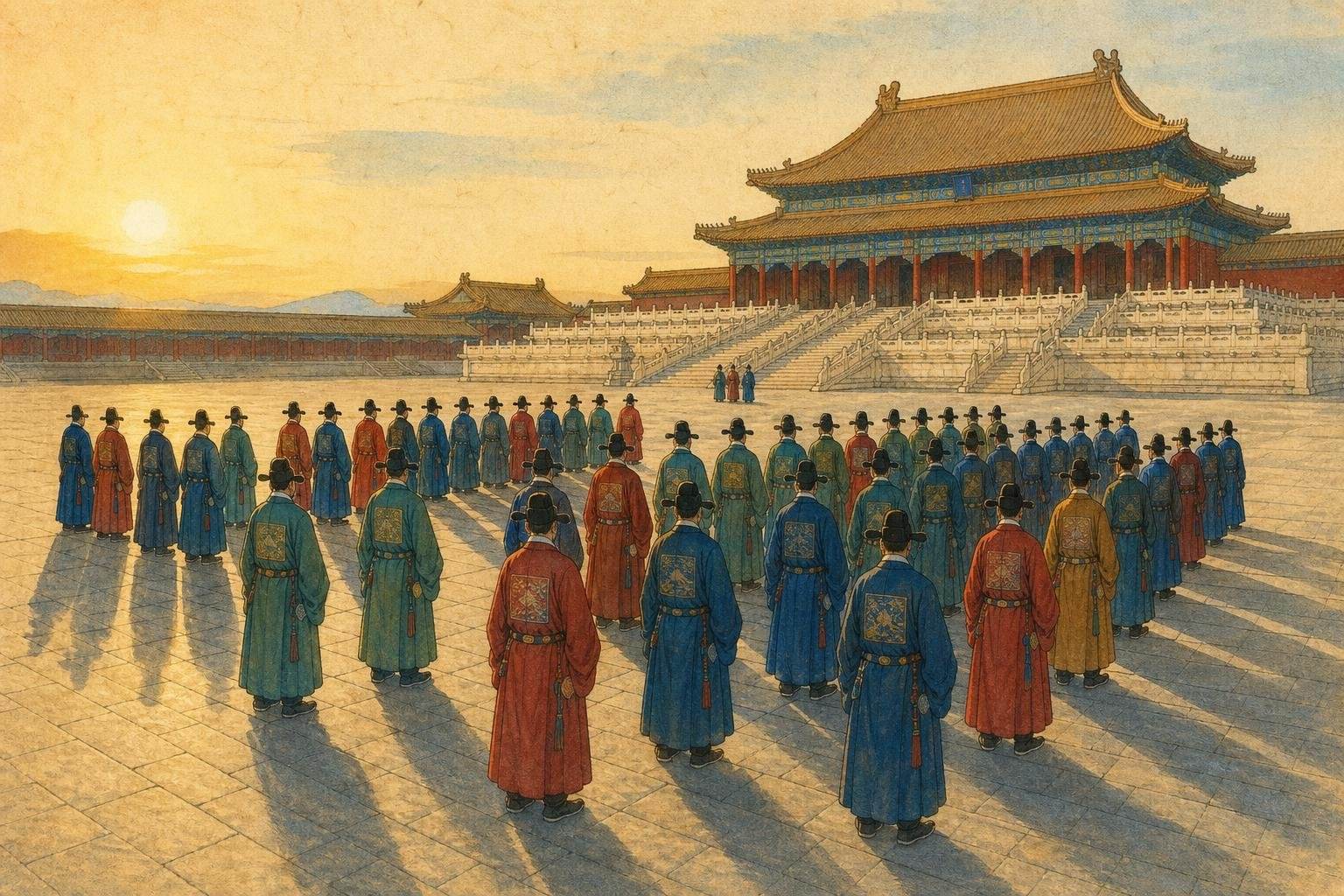 Peinture : à l'aube, des dizaines de fonctionnaires en longues robes colorées, coiffés du bonnet noir à deux ailes, alignés de dos sur le dallage d'une cour de palais devant une grande salle à toiture jaune.