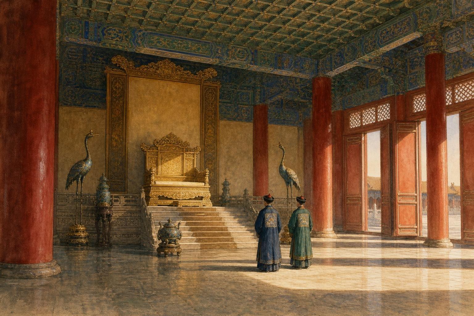 Peinture : la salle du trône d'un palais impérial, trône doré sur une estrade de marbre entre deux grues de cloisonné ; deux hommes en robe de cour mandchoue se tiennent de dos au pied des marches.