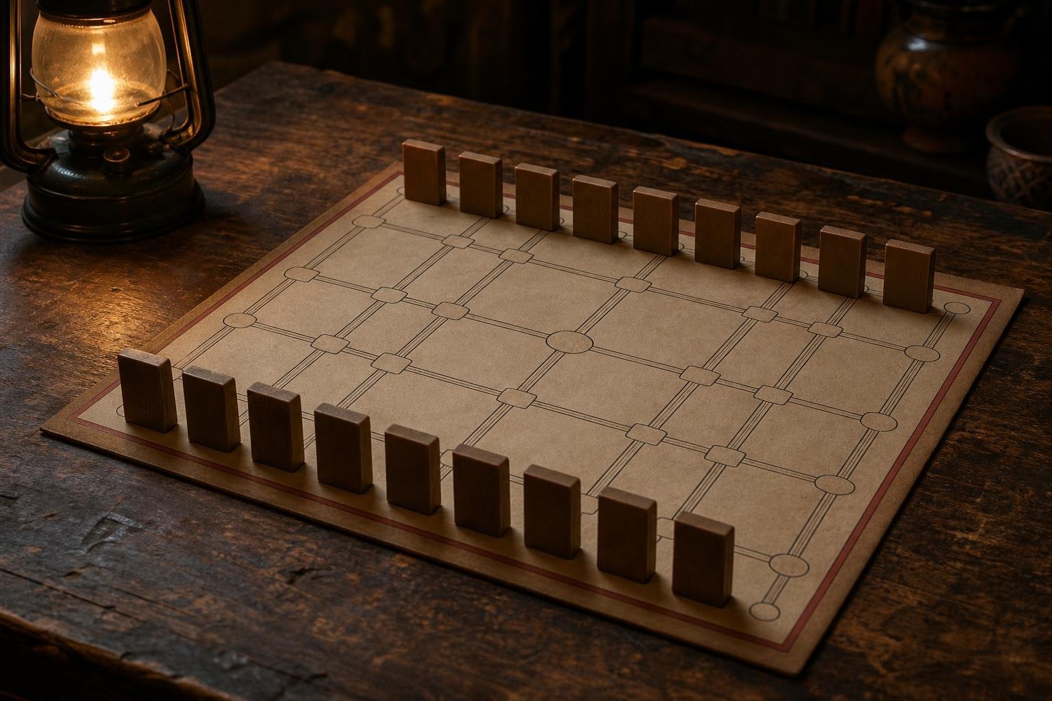 Des plaquettes de jeu dressées de dos de part et d'autre d'un plateau parcouru de voies, sous une lampe