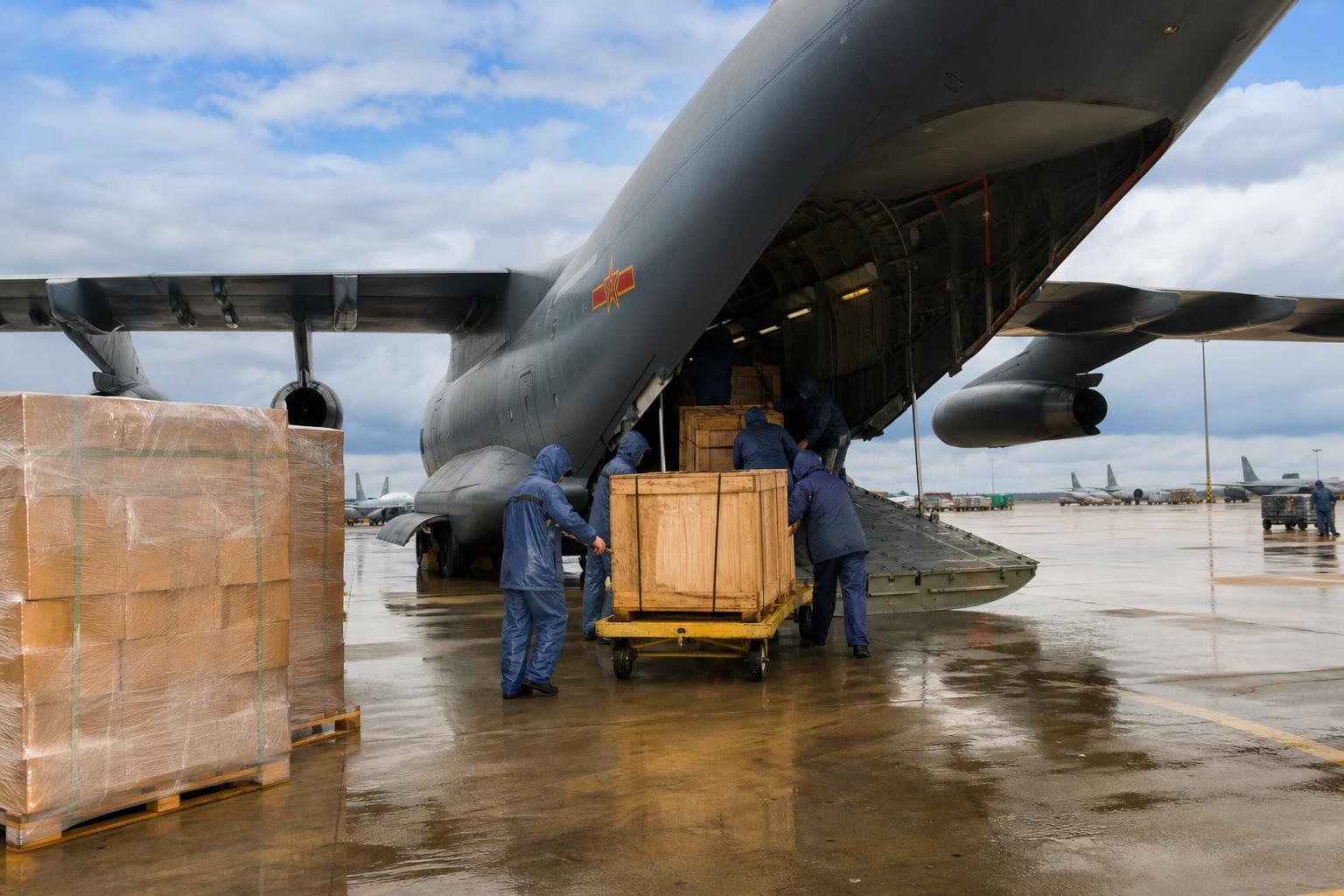 Avion-cargo militaire chinois déchargeant de l'aide humanitaire sous la pluie sur un tarmac
