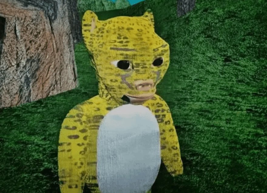 Un léopard modélisé en trois dimensions, jaune tacheté au ventre blanc, debout devant un tronc d'arbre sur fond d'herbe verte.