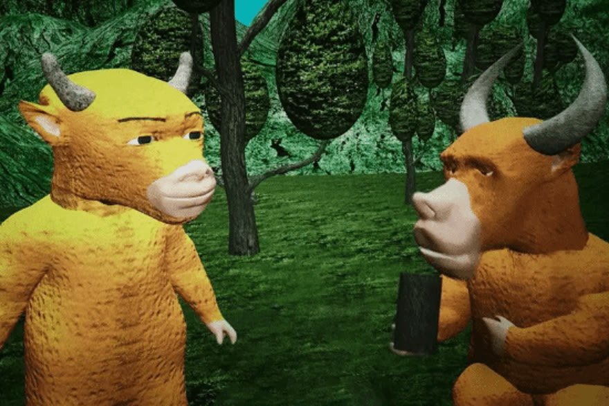 Deux bovins modélisés en trois dimensions, l'un jaune et l'autre orange, debout sur leurs pattes arrière et face à face dans une forêt.