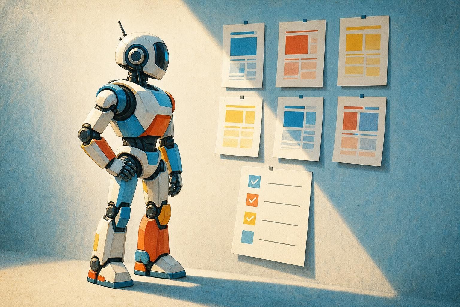 Robot humanoïde à côté d'un mur de documents de normes