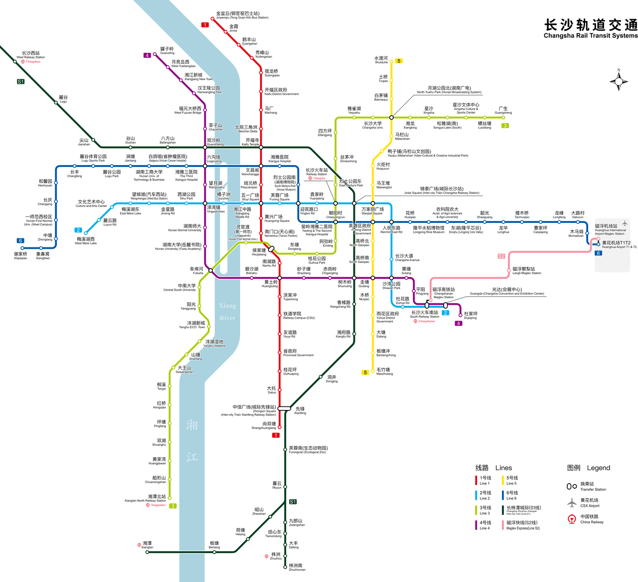 Plan schématique du métro de Changsha, noms des stations en chinois et en anglais