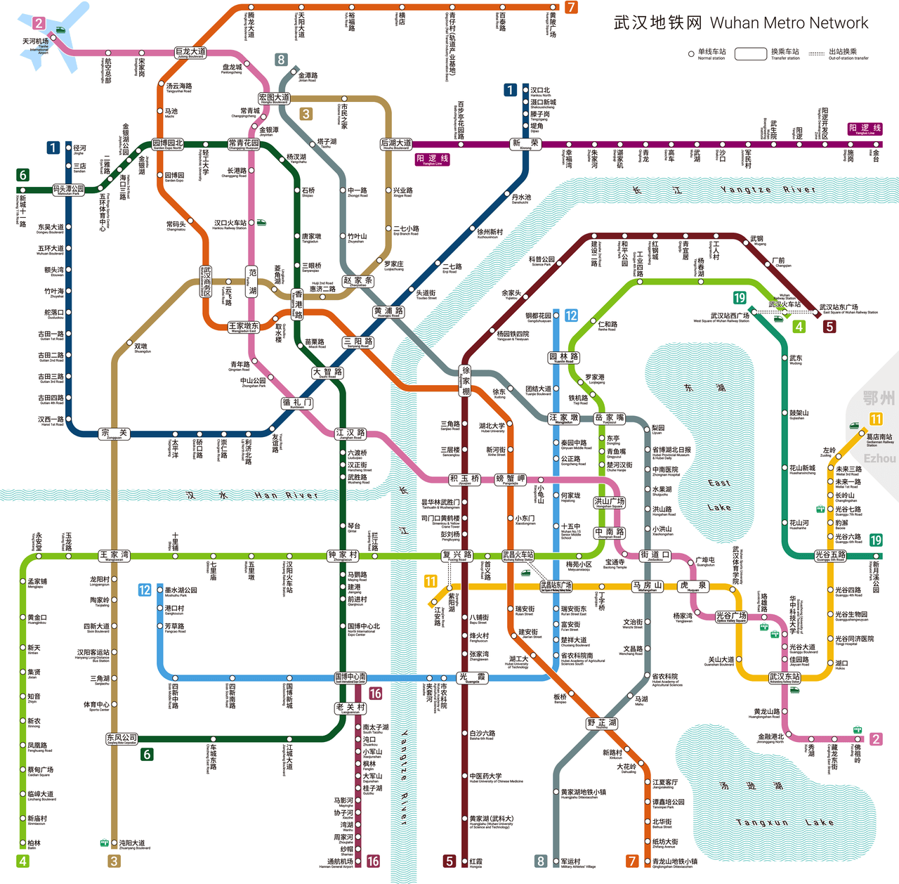 Plan schématique du métro de Wuhan, noms des stations en chinois et en romanisation