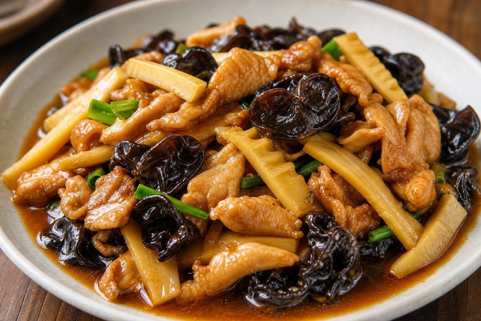 Assiette de lamelles de poulet sautées avec des champignons noirs et des bâtonnets de pousse de bambou, dans une sauce brune