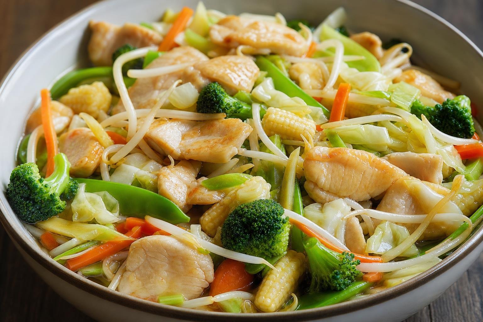 Bol de morceaux de poulet sautés avec des germes de soja, du chou, des brocolis, des pois gourmands, des mini-épis de maïs et des bâtonnets de carotte