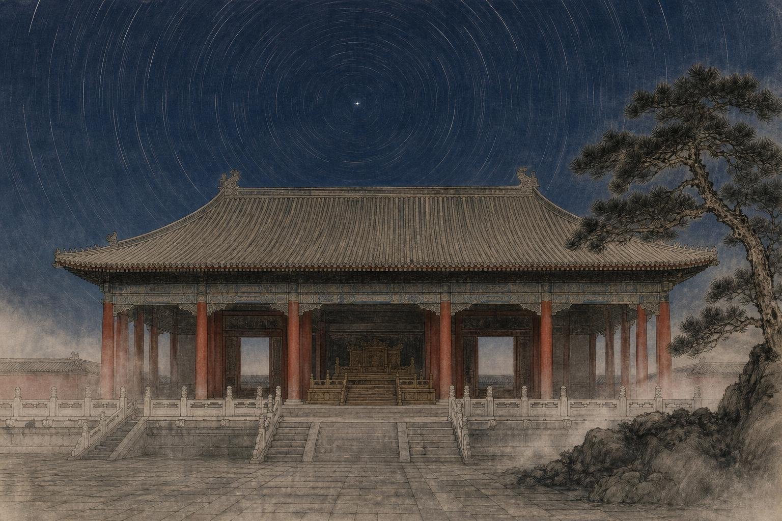 Salle du trône impériale vide, la nuit, sous les étoiles tournant autour de l'étoile polaire, dessinée à l'encre