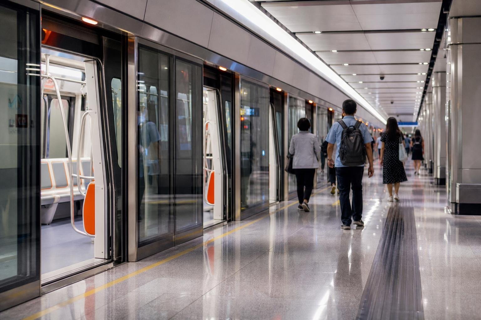 Quai de métro souterrain. À gauche, des portes palières vitrées ouvertes devant une rame à l'arrêt, dont on aperçoit les sièges orange et gris. À droite, quelques voyageurs vus de dos s'éloignent sur un sol de granit poli qui reflète les bandeaux lumineux du plafond, le long d'une ligne jaune et d'une bande podotactile sombre.