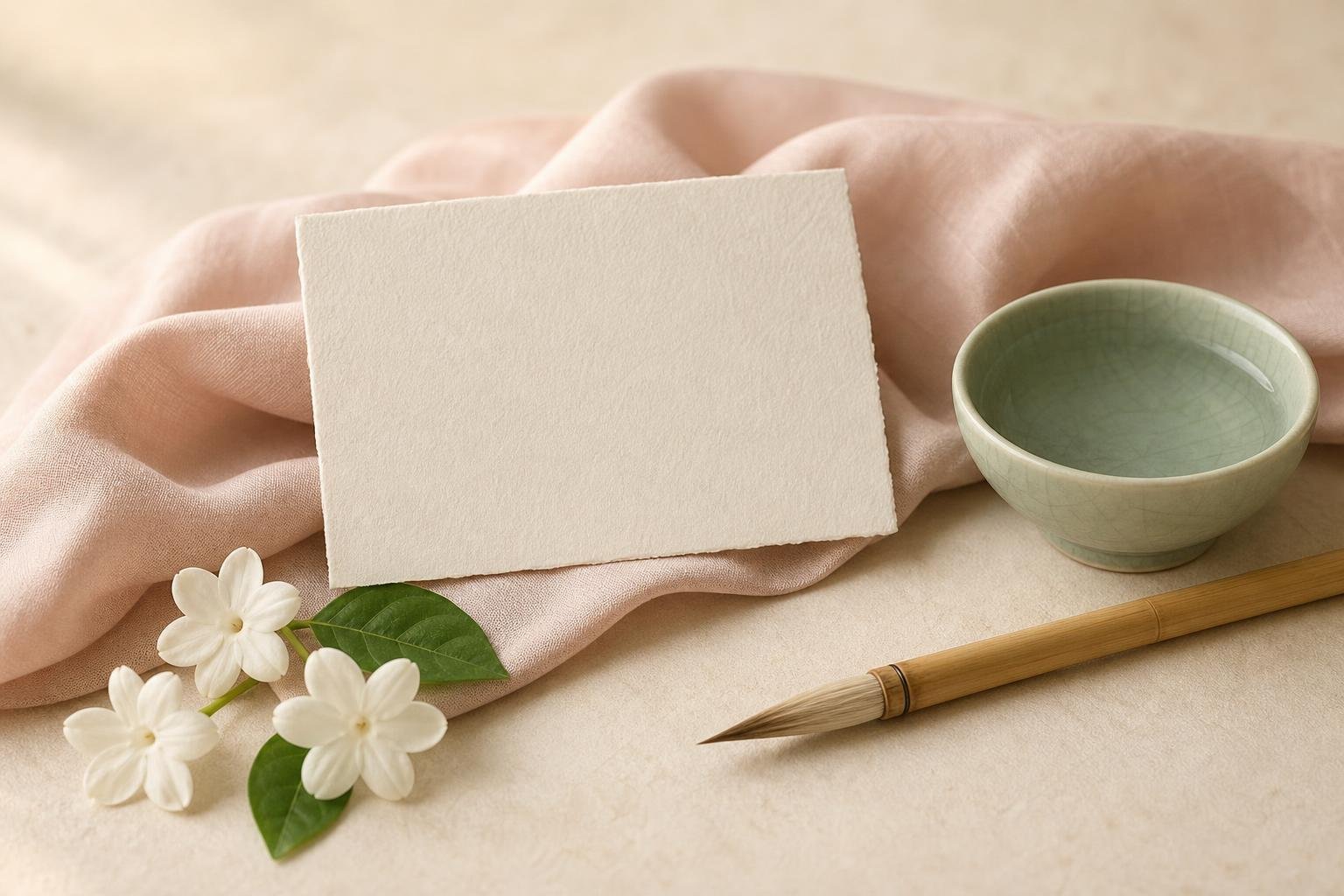 Une carte de papier épais aux bords irréguliers, restée blanche, posée contre un tissu rose plié ; à côté, un bol de céladon craquelé, un pinceau de calligraphie en bambou à la pointe propre et trois fleurs blanches à cinq pétales.