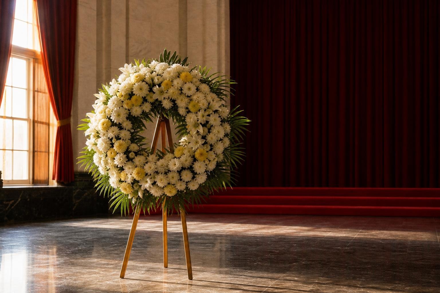 Une grande couronne de chrysanthèmes blancs et jaune pâle sur un trépied de bois, dans un hall officiel désert
